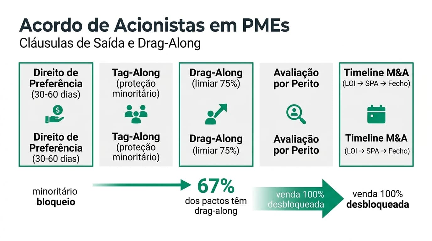 Infográfico em português sobre acordo de acionistas em PMEs portuguesas: cláusulas de saída, drag-along, tag-along, direito de preferência, timeline de negociação M&A e percentagens típicas de participação em Lda. e SA.