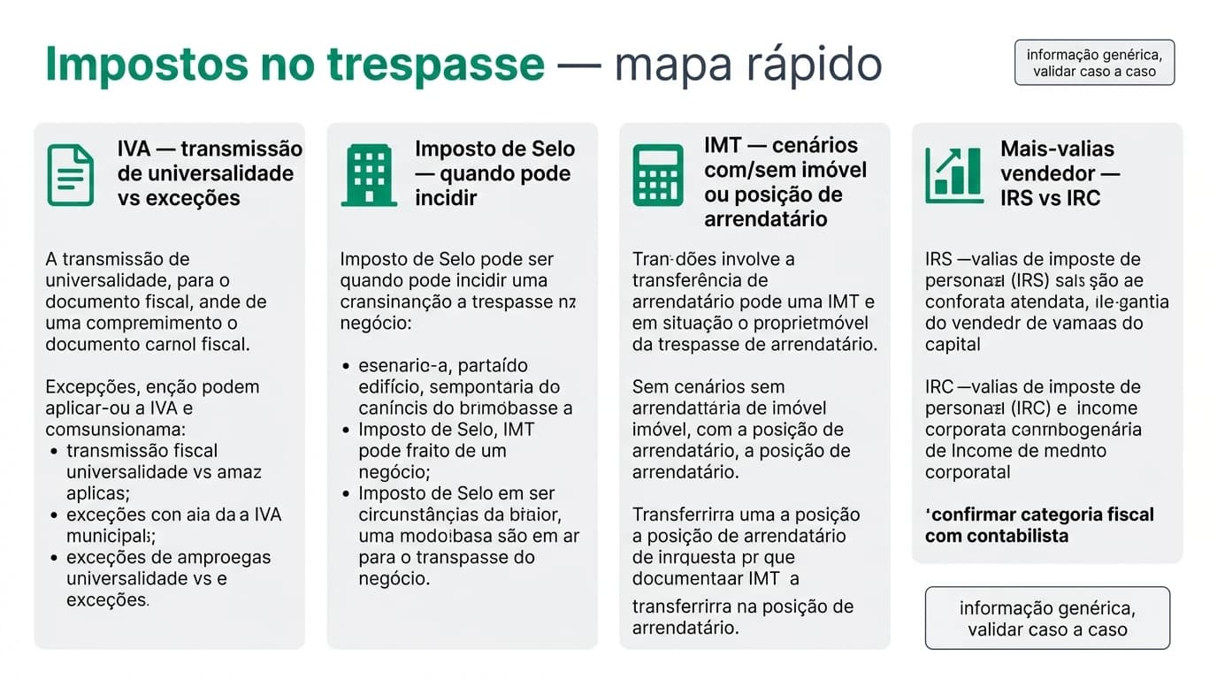 Mapa visual dos impostos relevantes no trespasse: IVA, Selo, IMT e mais-valias IRS/IRC em estilo corporativo limpo.
