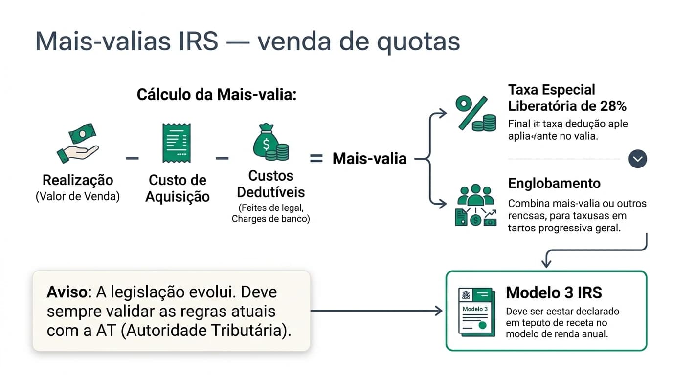 Infográfico sobre mais-valias na venda de quotas: valor de realização menos custos de aquisição e despesas dedutíveis; ramificação entre tributação a taxa autónoma e englobamento; caixa de referência à declaração anual de IRS.