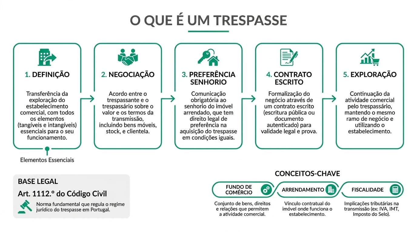 Infográfico profissional em português: o que é um trespasse em Portugal — artigo 1112.º do Código Civil, diferença face à cessão de quotas, cinco etapas do processo e fiscalidade.