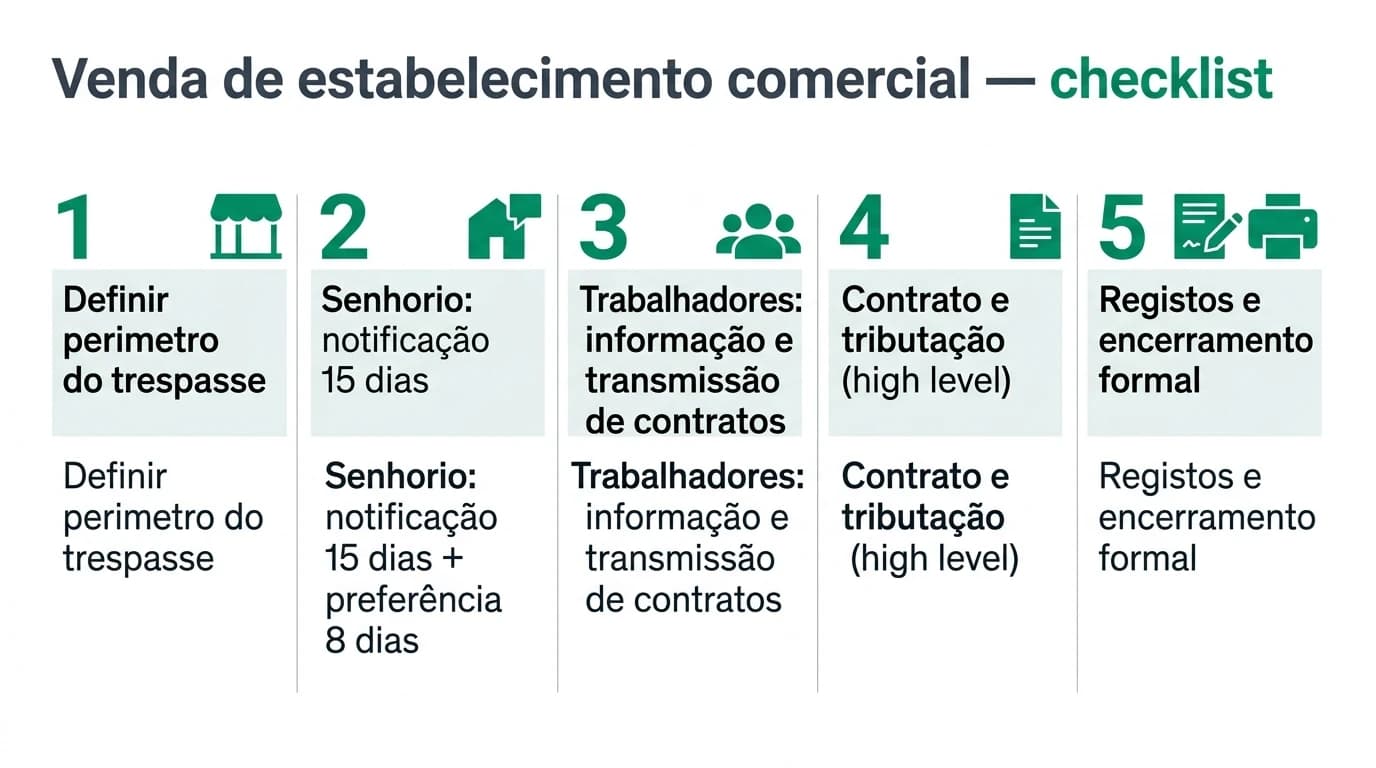 Mapa visual em português: checklist da venda de estabelecimento comercial com passos do senhorio, trabalhadores, contrato e registos.